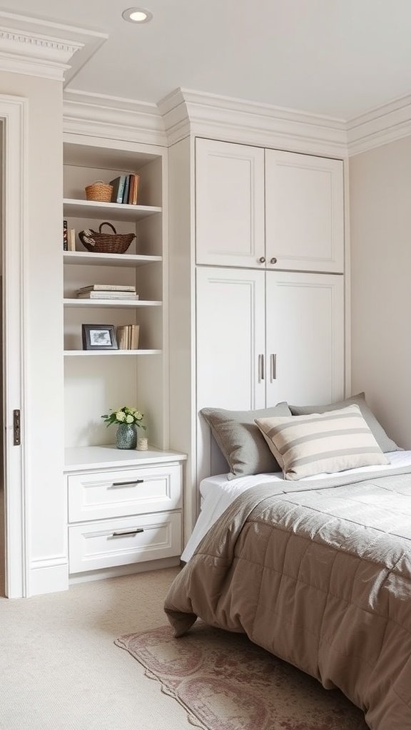 A small bedroom featuring custom built-in shelves and cabinets, designed for storage and style.