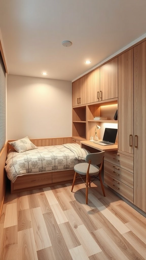 A small bedroom featuring a bed with storage drawers, a desk with a computer, and wooden cabinetry.