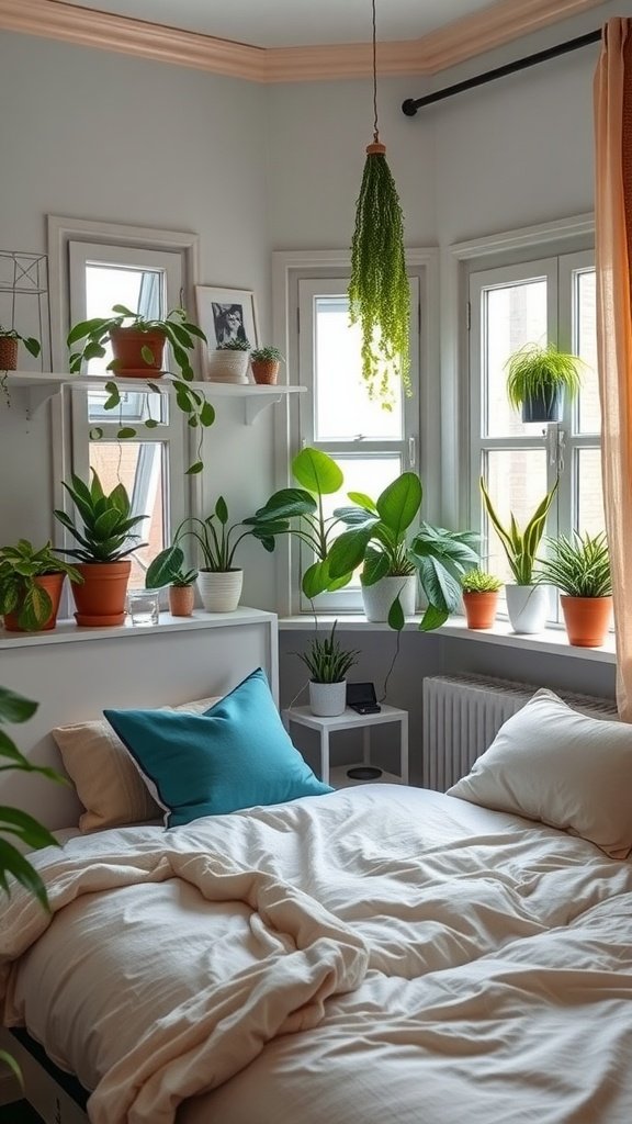 A small bedroom with various plants on shelves and windowsills, featuring a cozy bed with a light-colored duvet and a blue pillow.