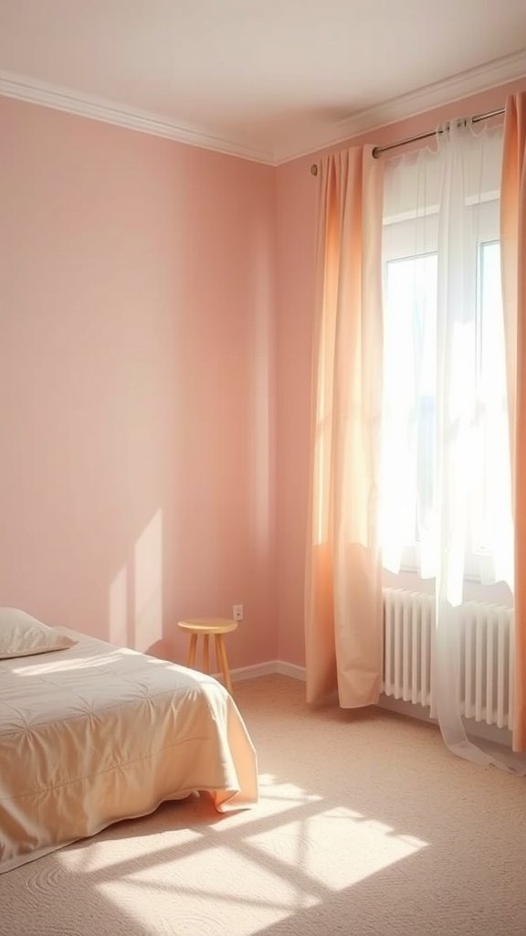 A small bedroom with soft pink walls, light bedding, and sheer orange curtains, creating a cozy atmosphere.