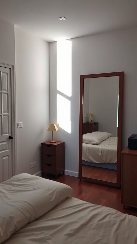 A small bedroom featuring a large mirror reflecting light, with a bed, lamp, and wooden furniture.