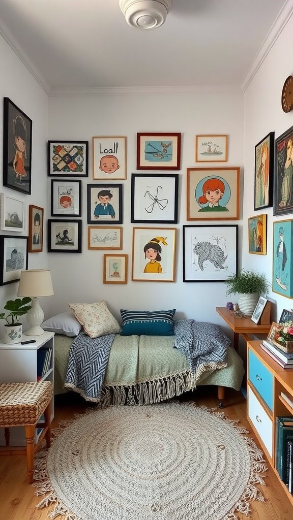 A cozy small bedroom featuring a variety of framed artwork on the walls, a comfortable bed with decorative pillows, and a woven rug.