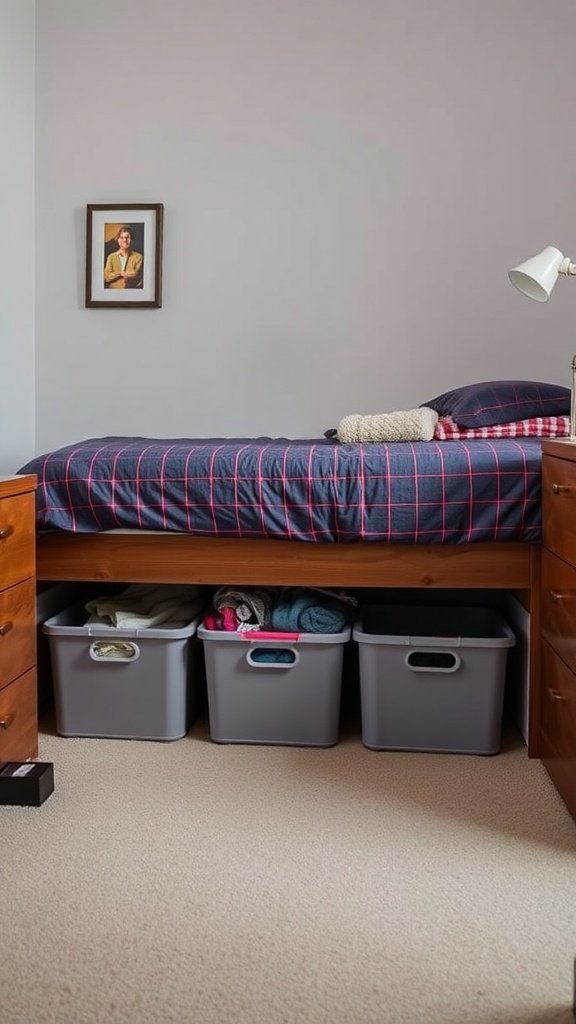 A small bedroom showing a bed with under-bed storage bins.