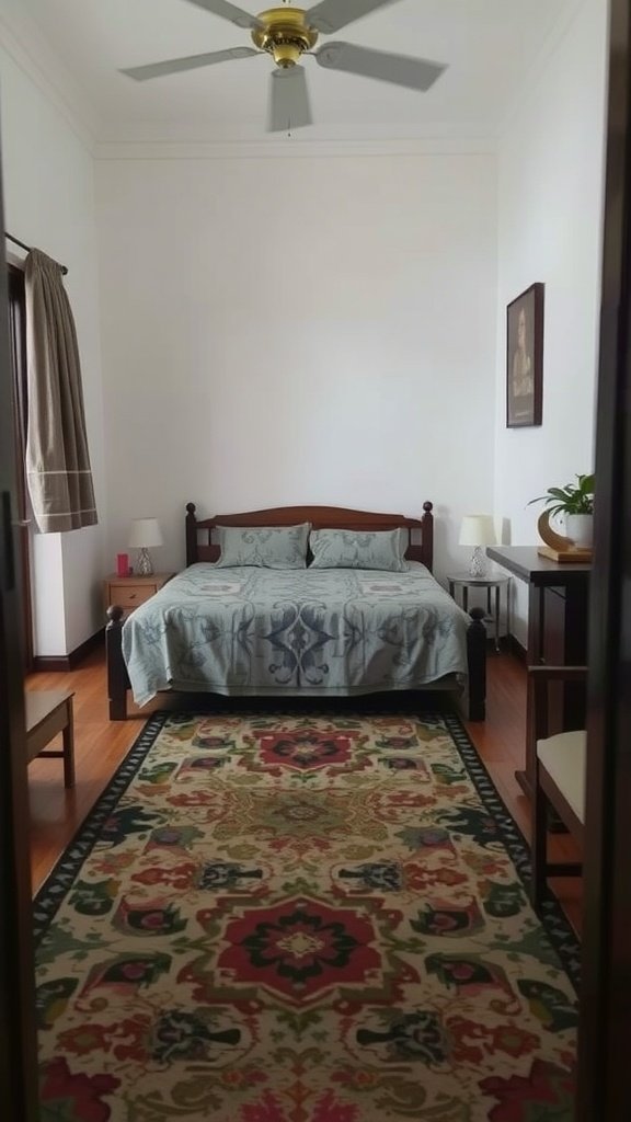 A cozy small bedroom featuring a bed and a decorative rug.