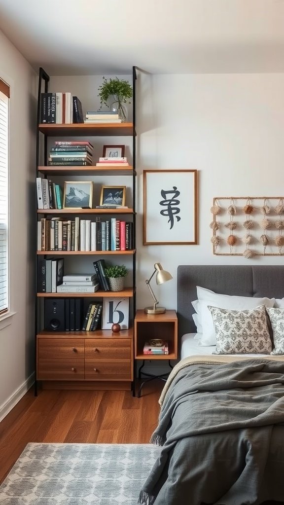 A stylish bedroom featuring a tall shelving unit with books, decor, and a small plant beside a cozy bed.